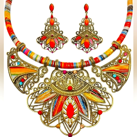 Boho Orange/Gold Multicolor Boho Necklace Set - Picture 1 of 2